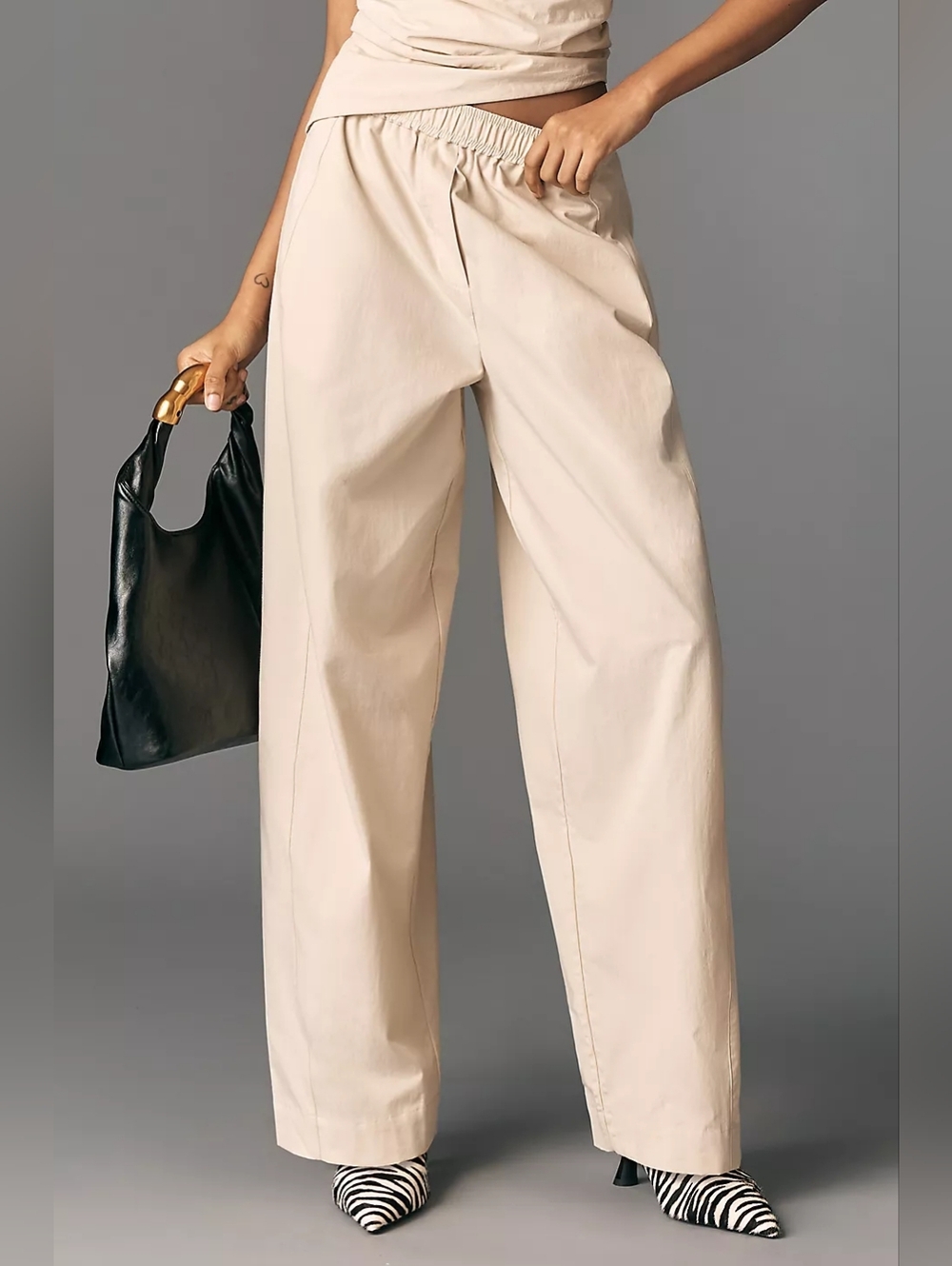 Anthropologie Maeve Sporty Poplin Off Whote Cream Pull-On Cotton Poplin Trousers - Picture 2 of 7